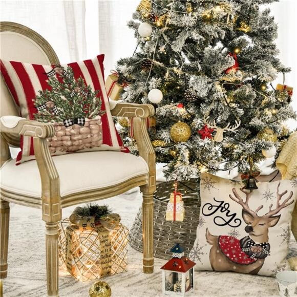 Christmas Snowman Reindeer Gloves Eucalyptus Red Throw Pillow Covers, 20 x 20 In - Picture 3 of 7